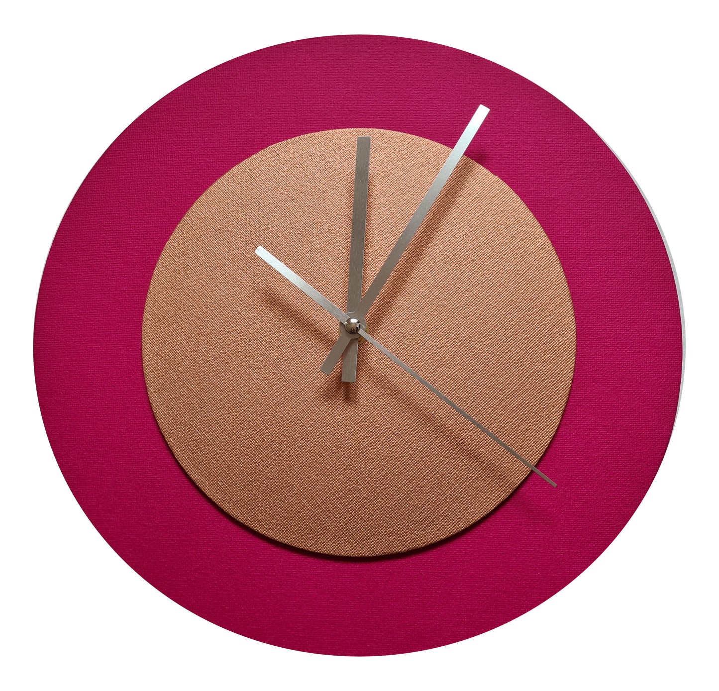 Pop Art Wanduhr Magenta  Bronzefarben mit  silbernen Zeigern 30 cm rund
