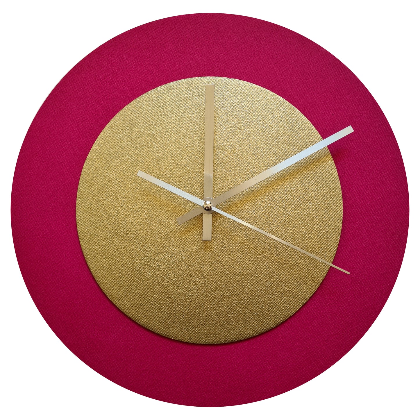 Pop Art Wanduhr Magenta  Goldfarben mit silbernen Zeigern 30 cm rund
