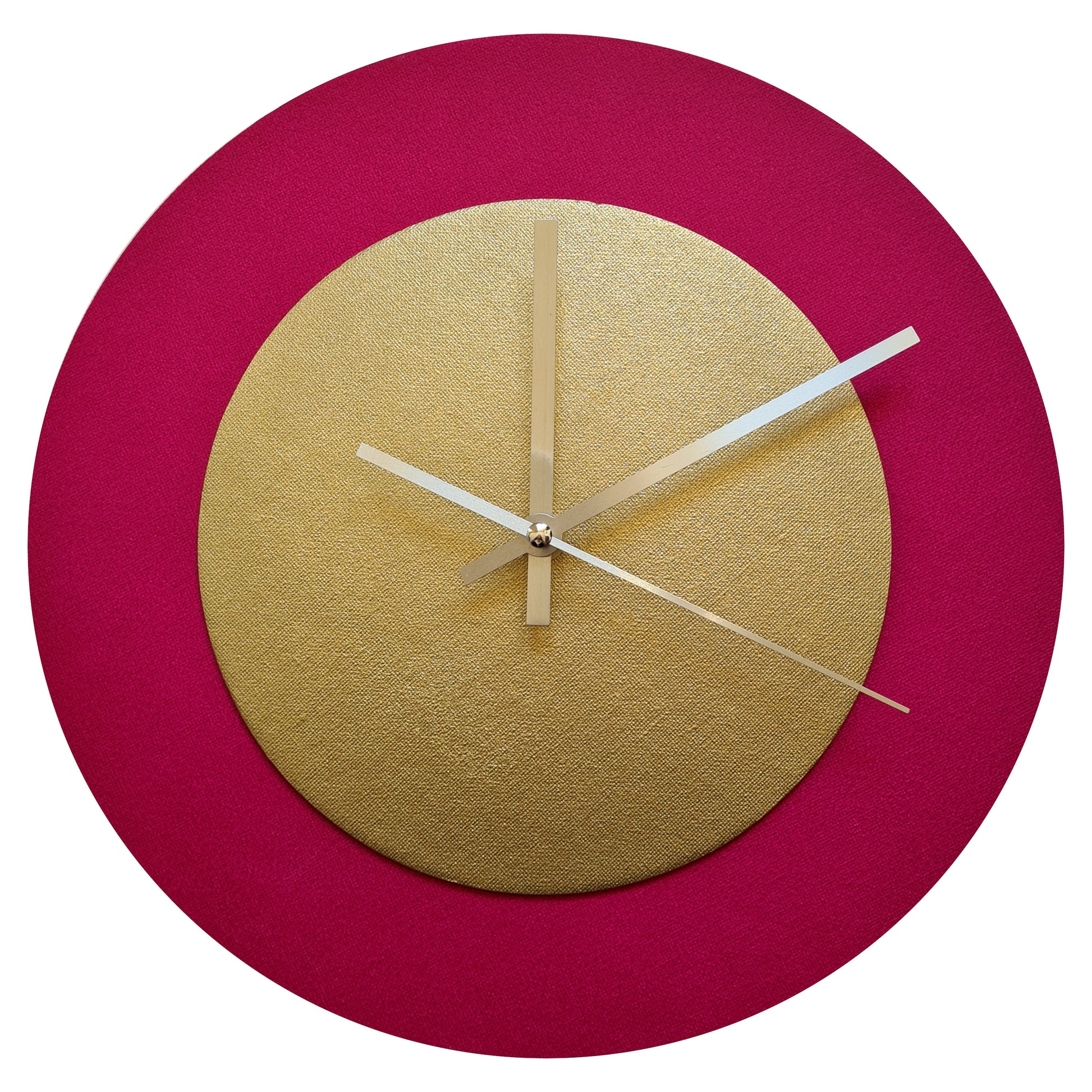 Pop Art Wanduhr Magenta  Goldfarben mit silbernen Zeigern 30 cm rund
