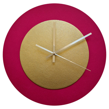 Pop Art Wanduhr Magenta  Goldfarben mit silbernen Zeigern 30 cm rund
