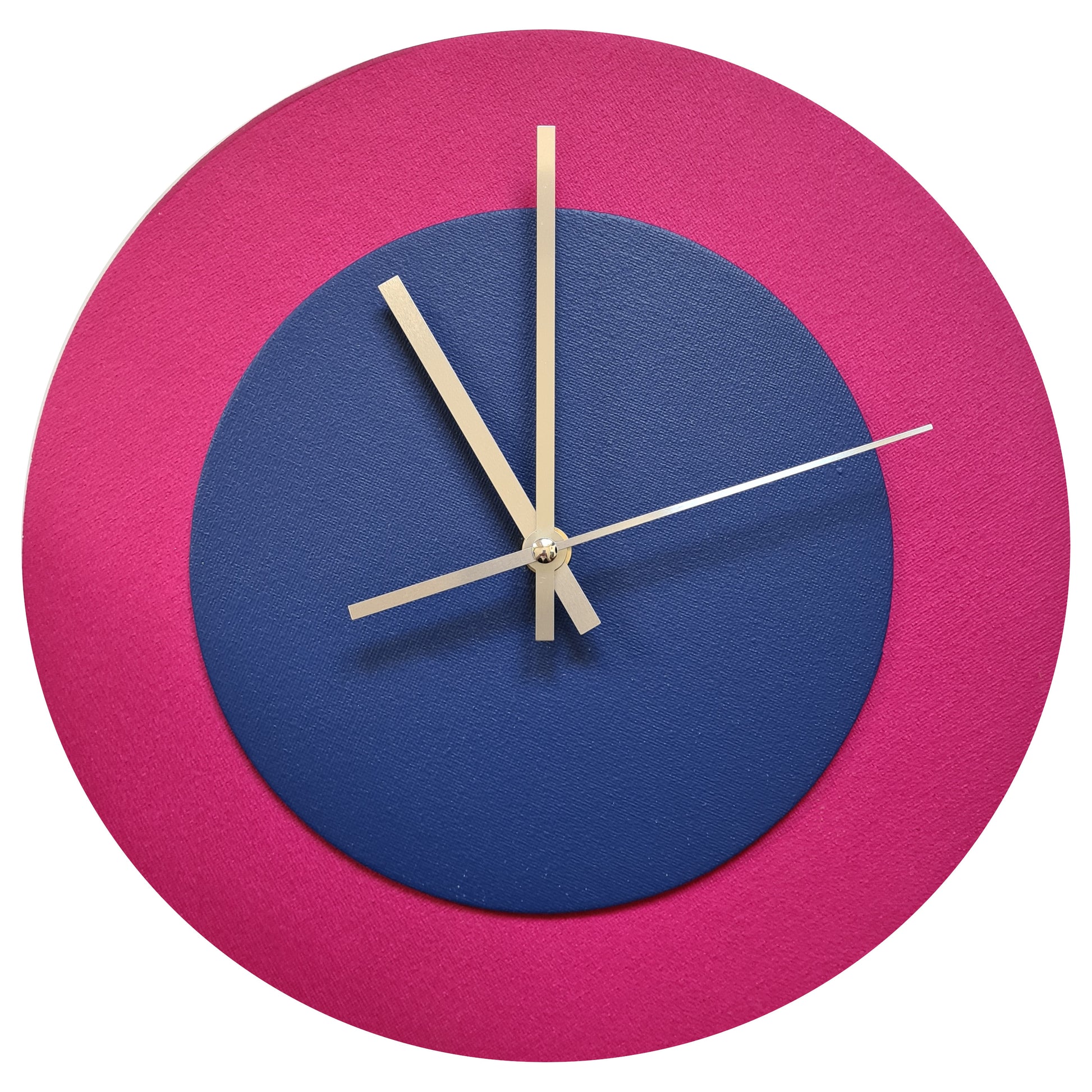 Pop Art Wanduhr Magenta  Dunkelblau mit silbernen Zeigern 30 cm rund

