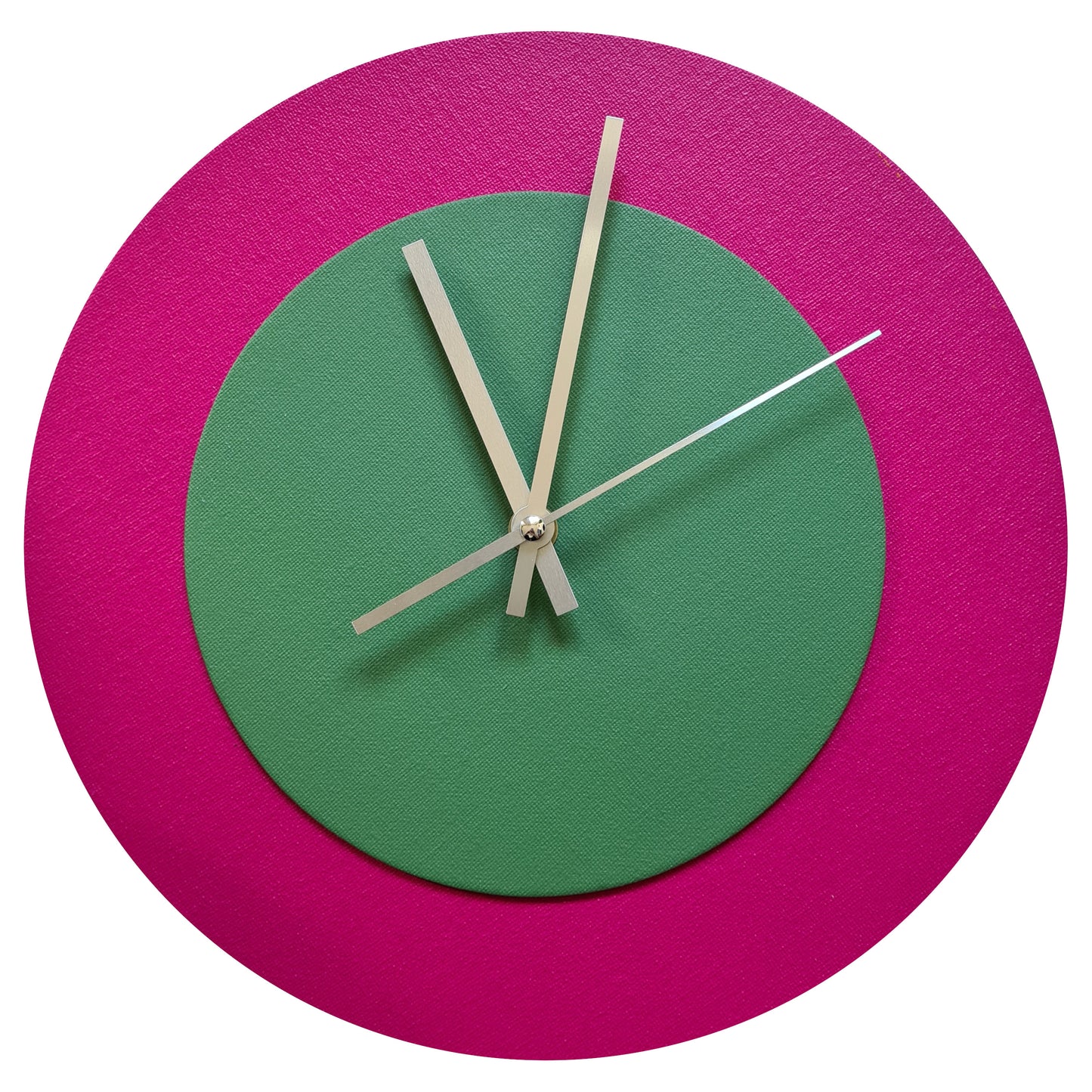 Pop Art Wanduhr Magenta  Laubgrün mit silbernen Zeigern 30 cm rund

