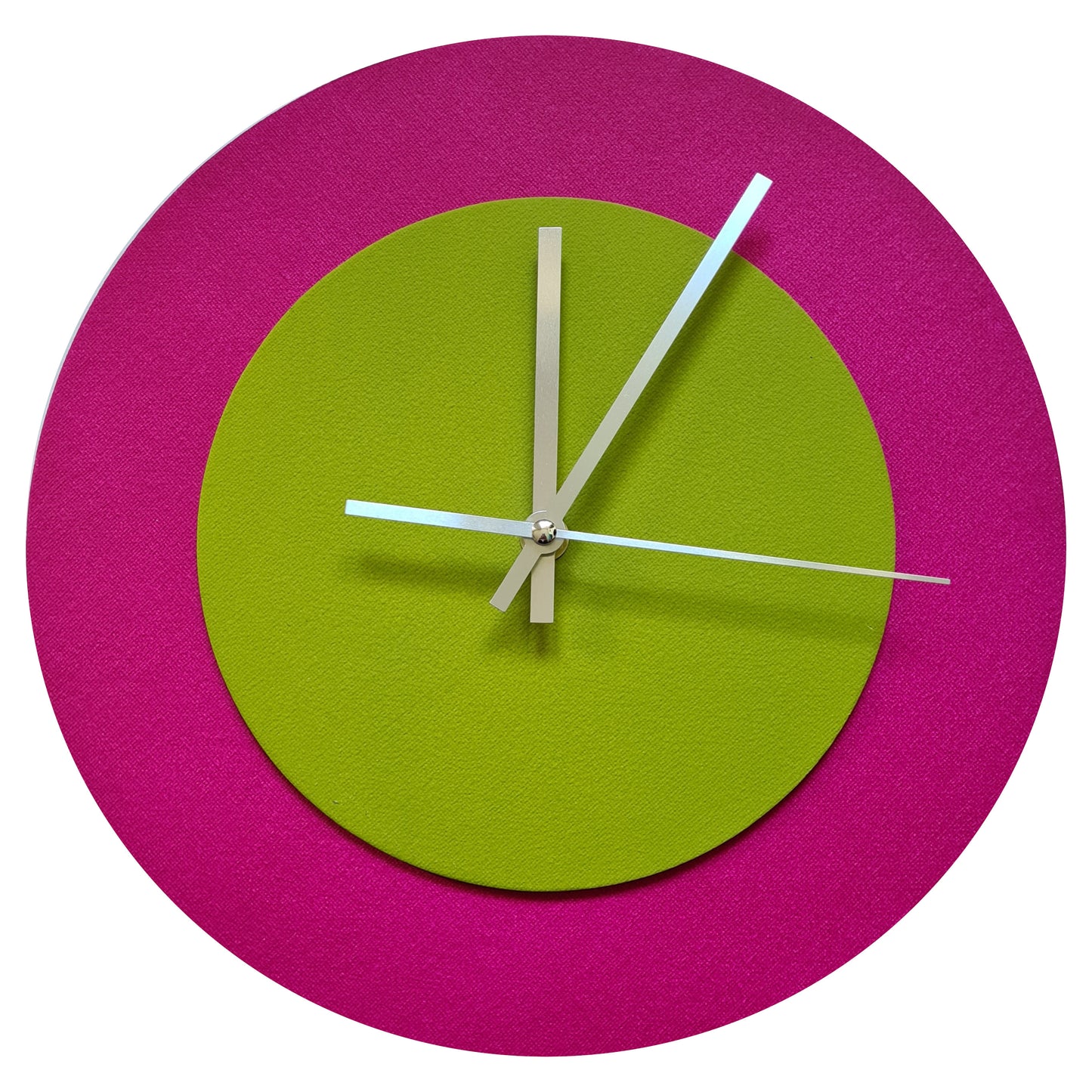 Pop Art Wanduhr Magenta Olivgrün mit silbernen Zeigern 30 cm rund
