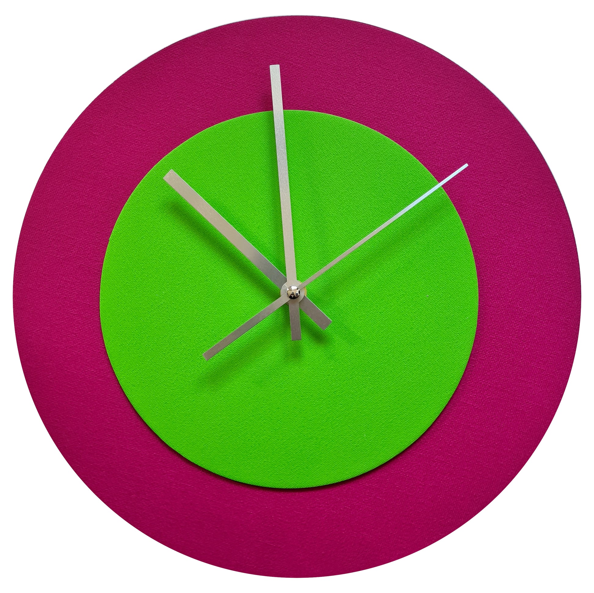Pop Art Wanduhr Magenta  Hellgrün mit silbernen Zeigern 30 cm rund
