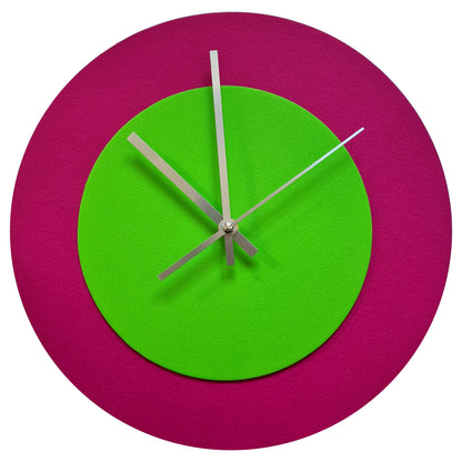 Pop Art Wanduhr Magenta  Hellgrün mit silbernen Zeigern 30 cm rund
