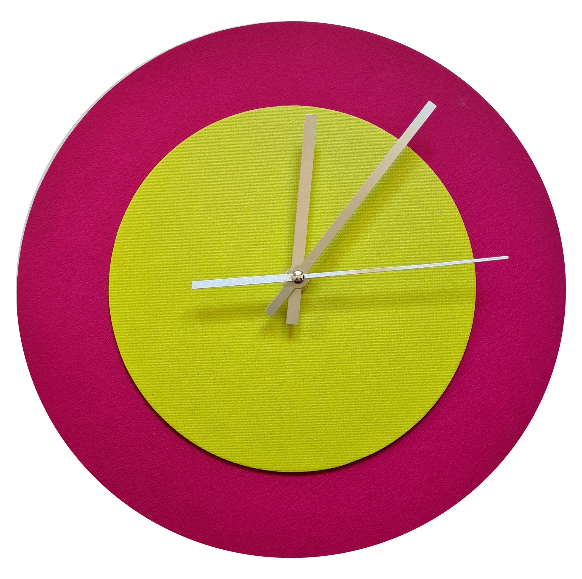 Pop Art Wanduhr Magenta  Farngrün mit silbernen Zeigern 30 cm rund
