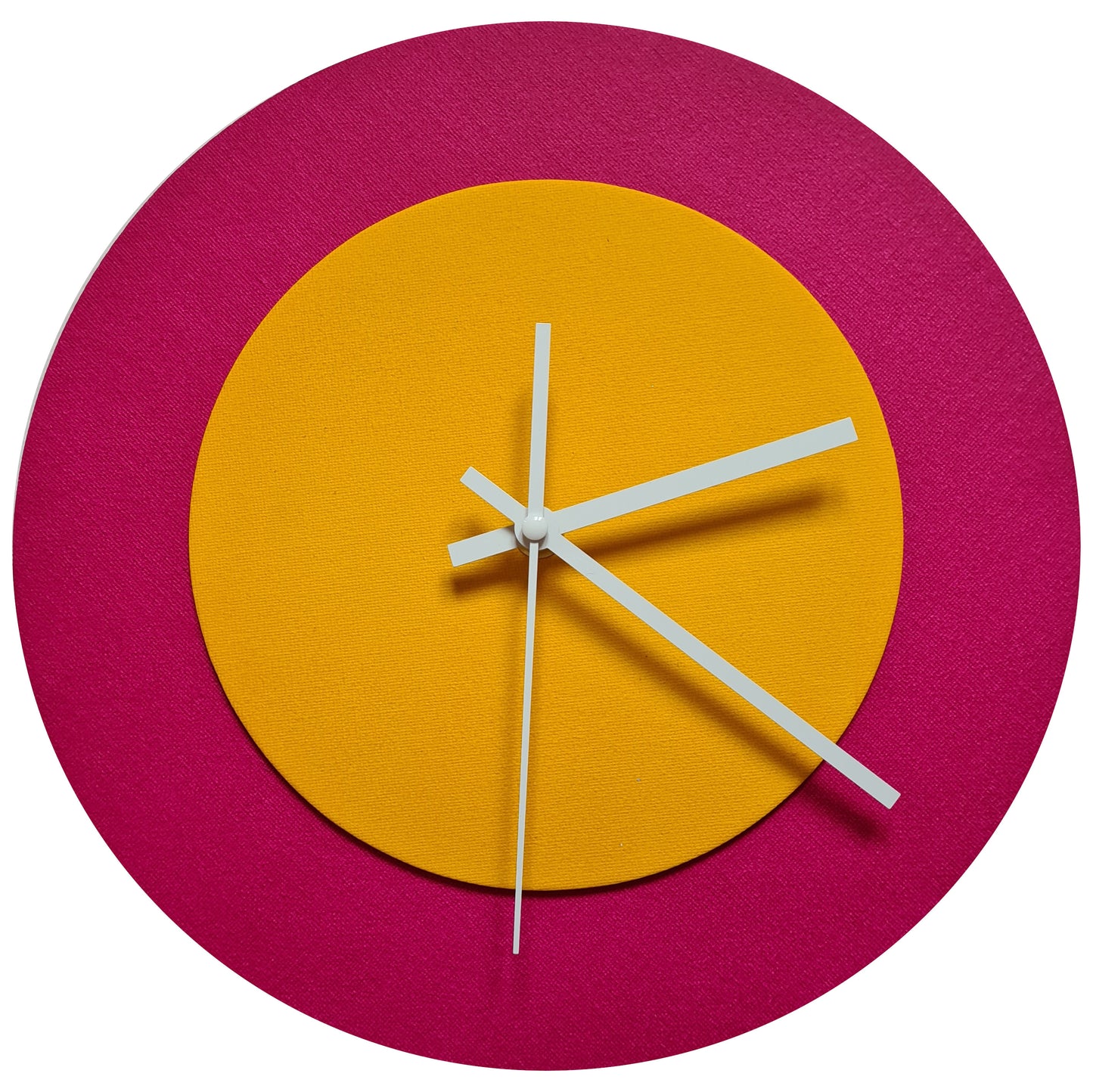 Pop Art Wanduhr Magenta  Sonnengelb mit weißen Zeigern 30 cm rund
