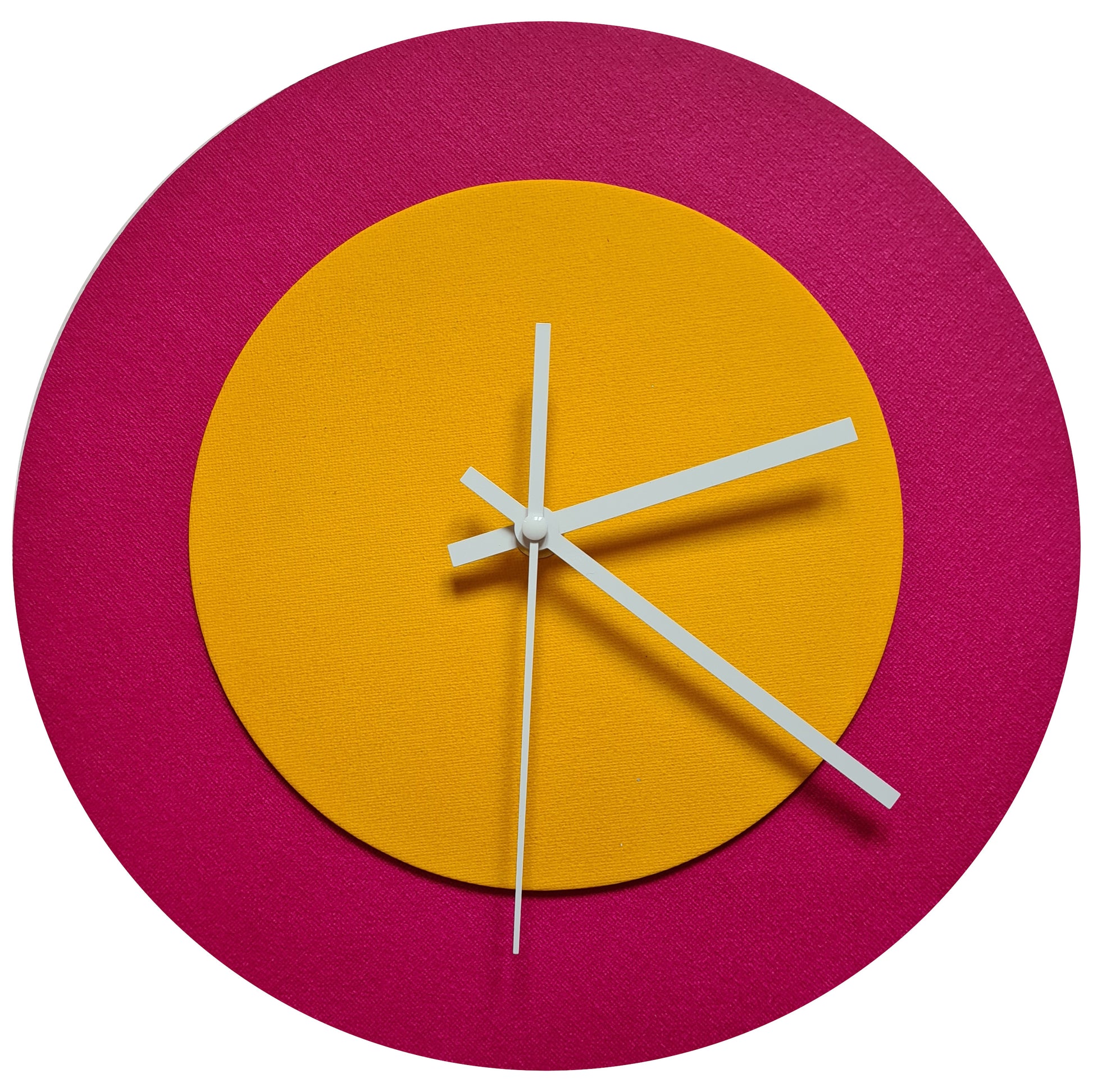 Pop Art Wanduhr Magenta  Sonnengelb mit weißen Zeigern 30 cm rund
