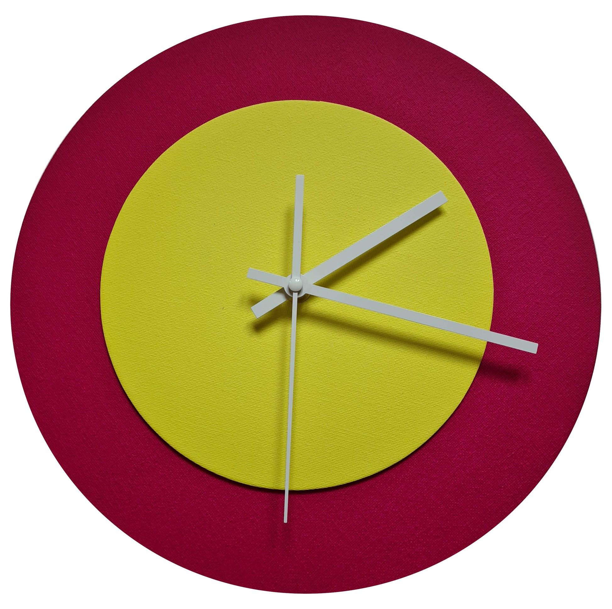 Pop Art Wanduhr Magenta  Hellgelb mit weißen Zeigern 30 cm rund
