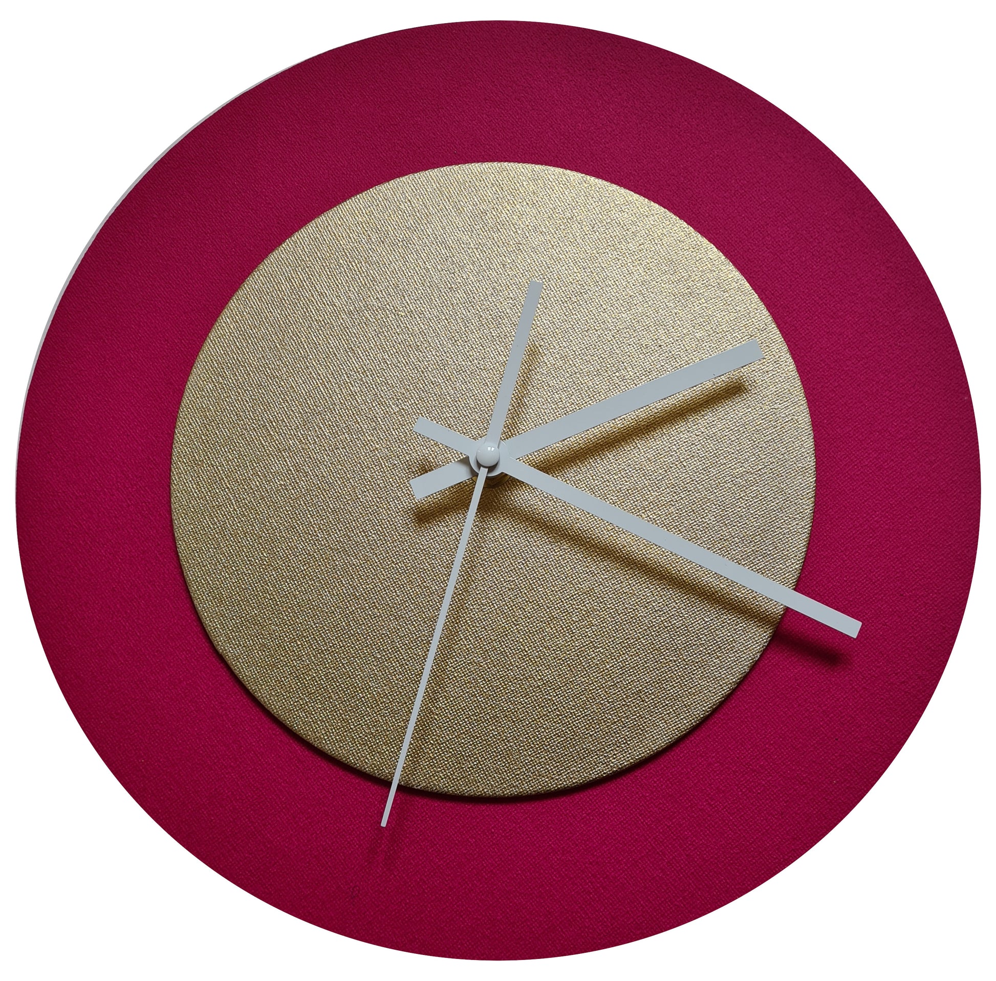 Pop Art Wanduhr Magenta  Goldfarben mit weißen Zeigern 30 cm rund
