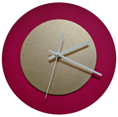 Pop Art Wanduhr Magenta  Goldfarben mit weißen Zeigern 30 cm rund
