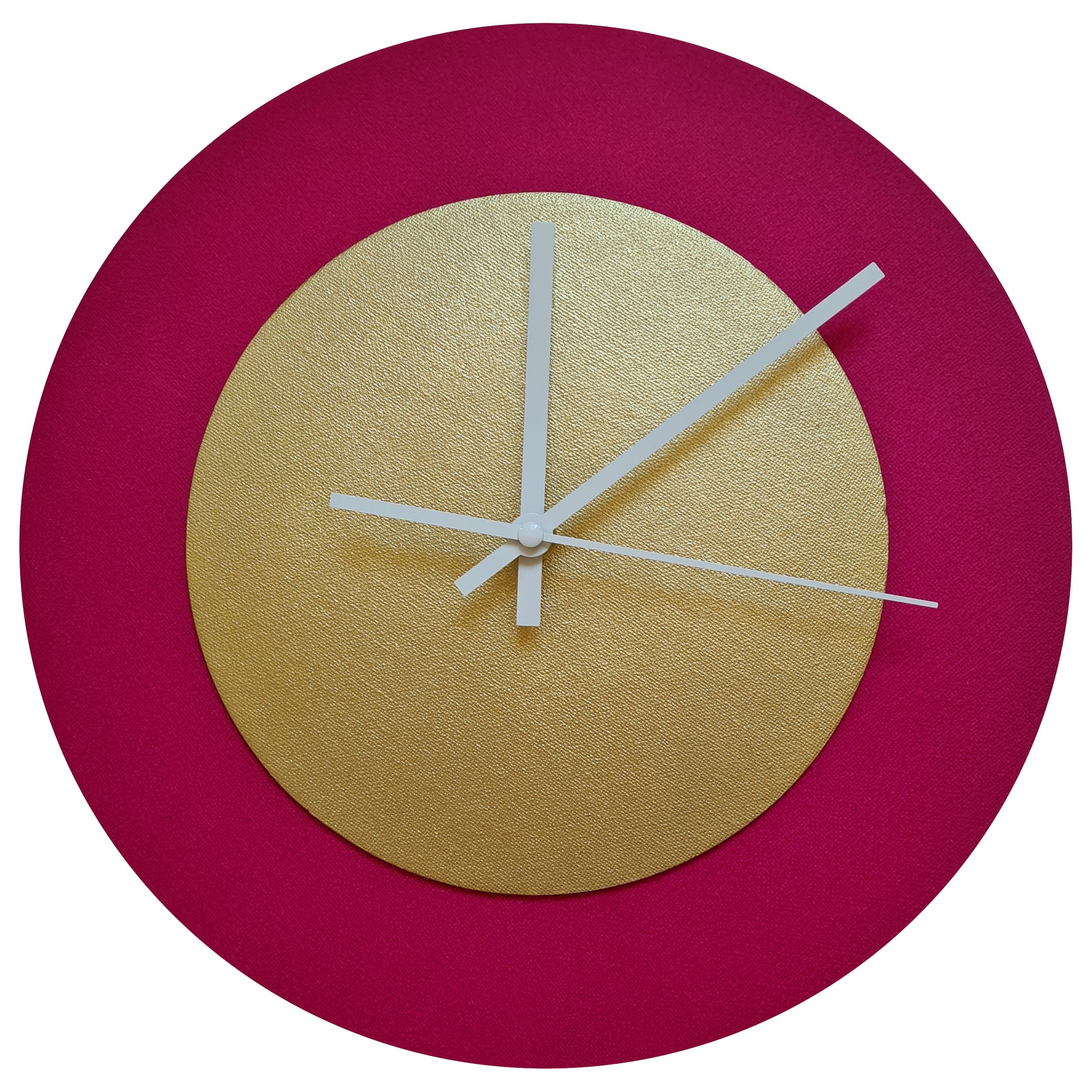 Pop Art Wanduhr Magenta  Goldfarben mit weißen Zeigern 30 cm rund
