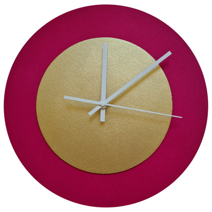 Pop Art Wanduhr Magenta  Goldfarben mit weißen Zeigern 30 cm rund
