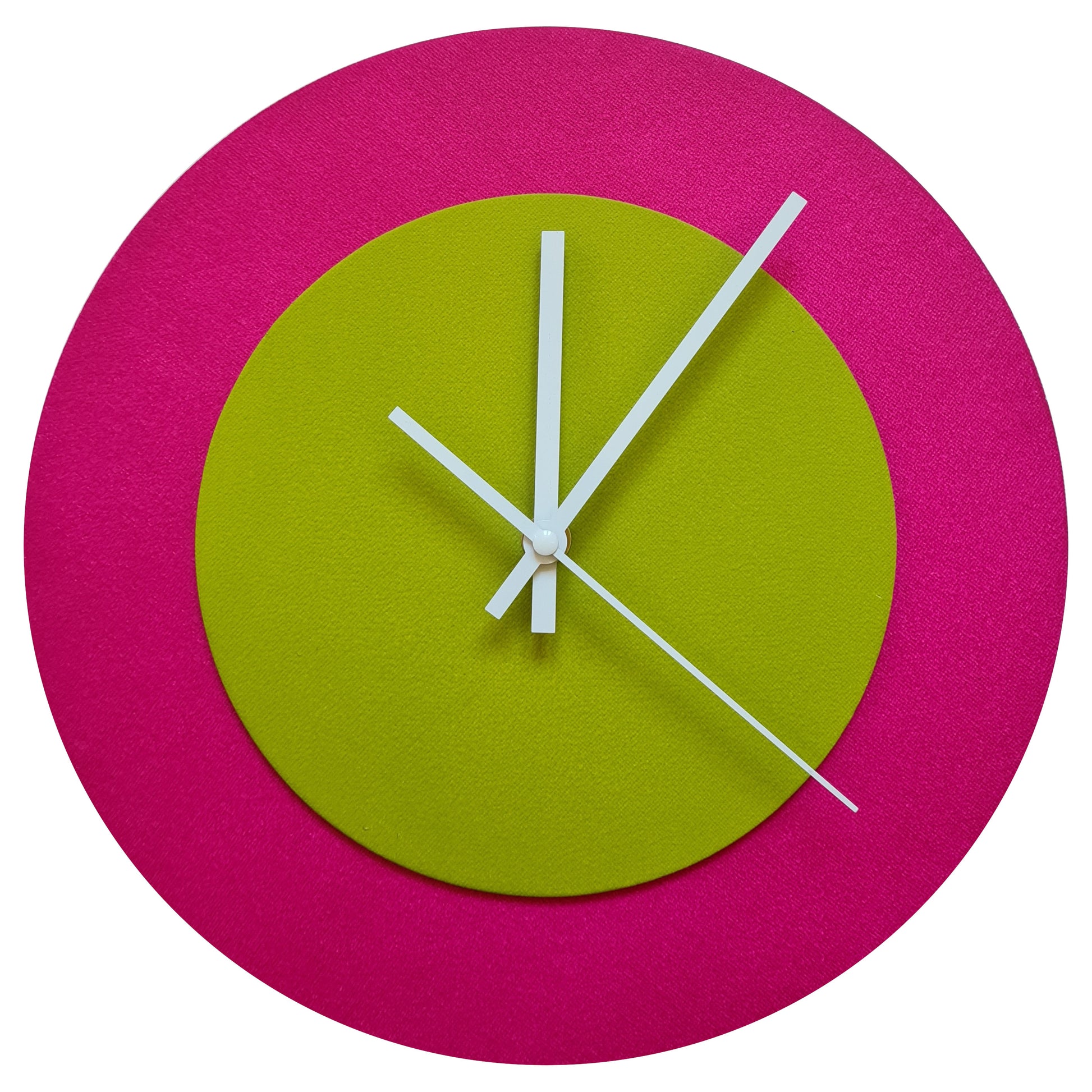 Pop Art Wanduhr Magenta Olivgrün mit weißen Zeigern 30 cm rund
