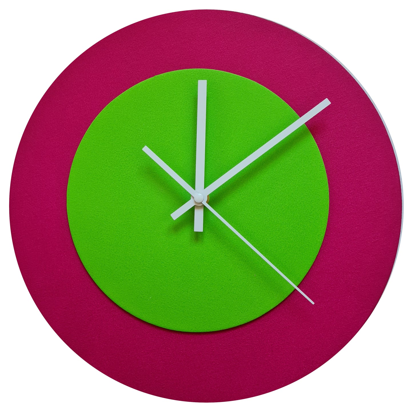 Pop Art Wanduhr Magenta  Hellgrün mit weißen Zeigern 30 cm rund
