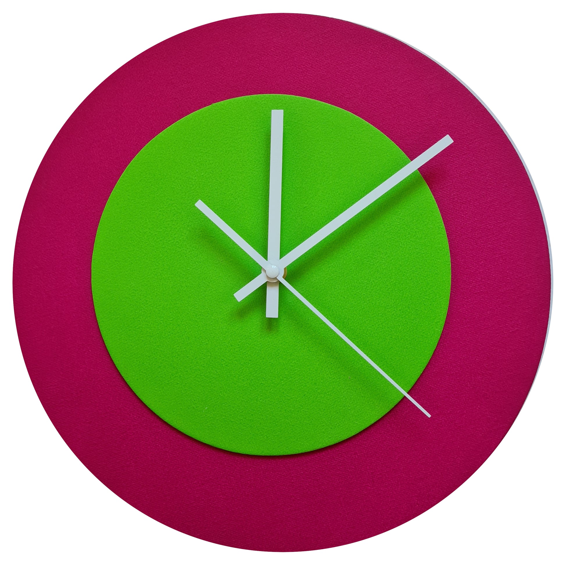 Pop Art Wanduhr Magenta  Hellgrün mit weißen Zeigern 30 cm rund
