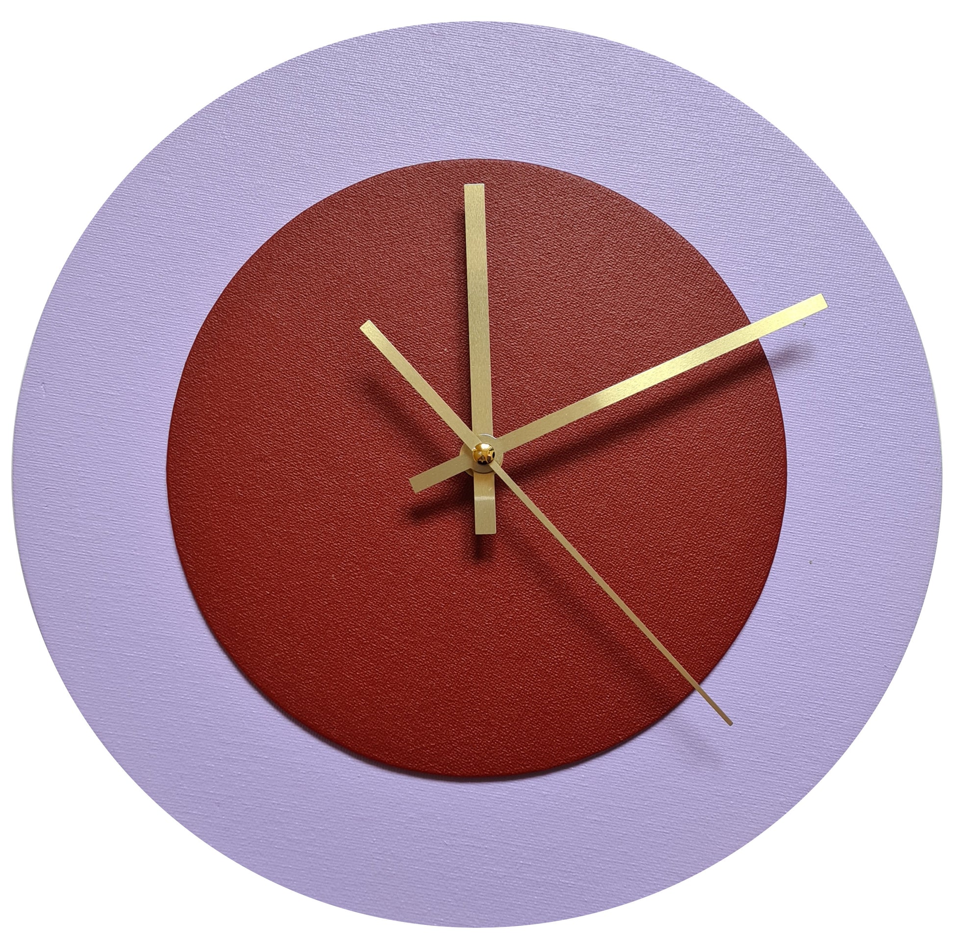 Pop Art Wanduhr Flieder  Dunkelrot mit goldenen Zeigern 30 cm rund
