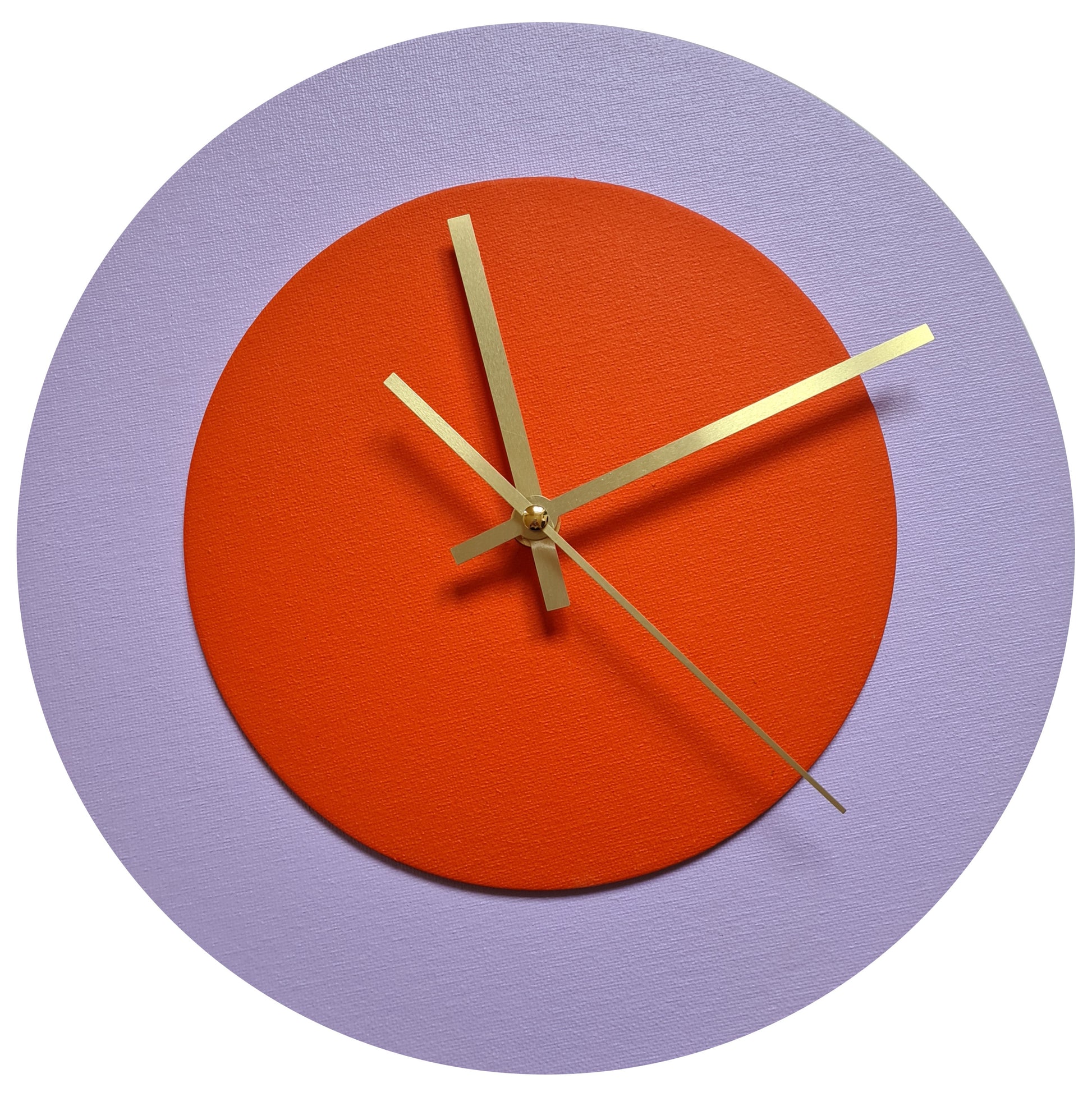 Pop Art Wanduhr Flieder  Orangefarben mit goldenen Zeigern 30 cm rund
