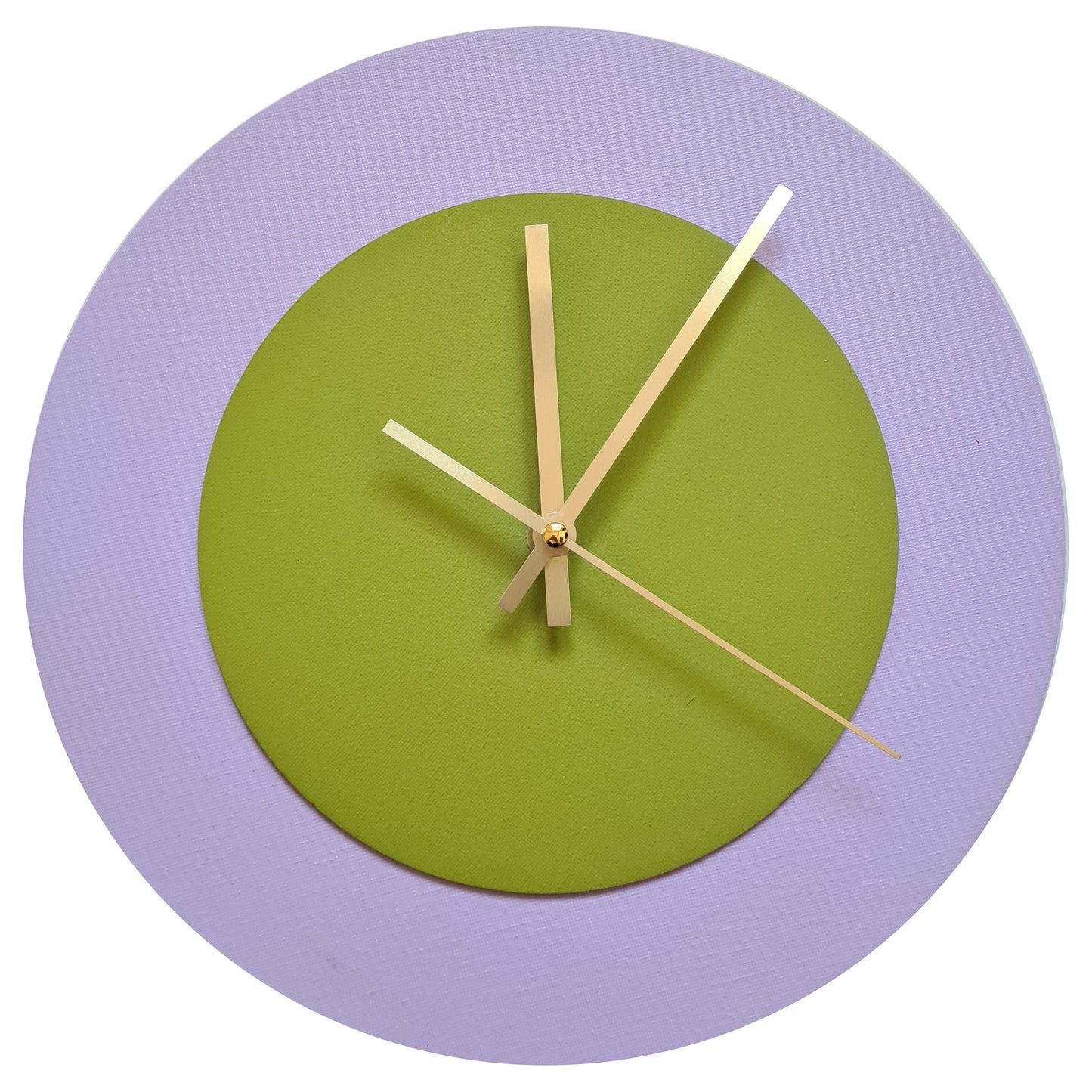 Pop Art Wanduhr Flieder  Olivgrün mit goldenen Zeigern 30 cm rund
