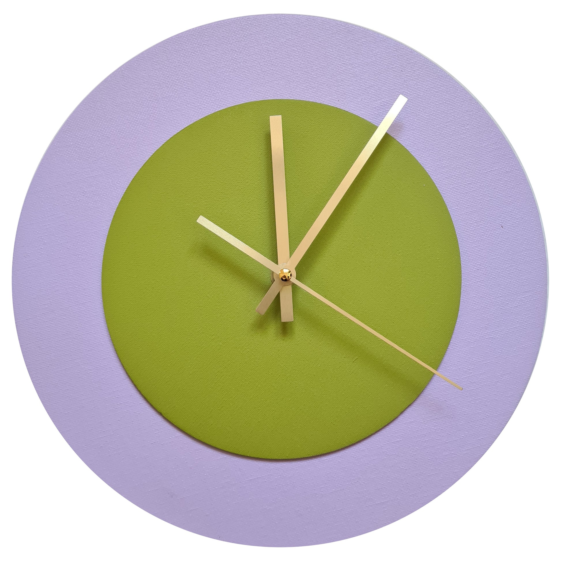 Pop Art Wanduhr Flieder  Olivgrün mit goldenen Zeigern 30 cm rund
