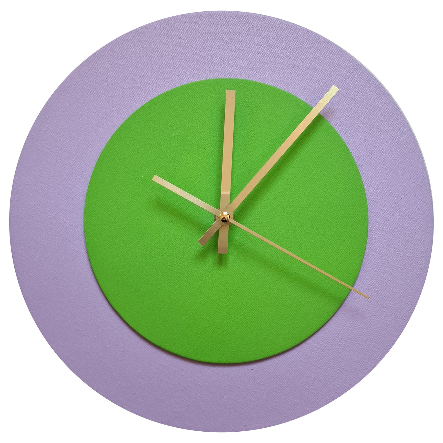 Pop Art Wanduhr Flieder  Hellgrün mit goldenen Zeigern 30 cm rund
