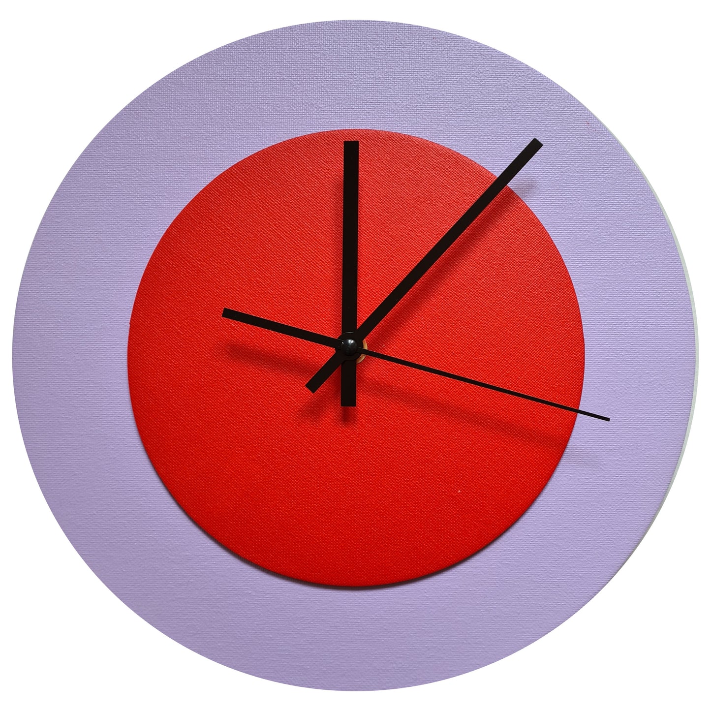 Pop Art Wanduhr Flieder  Orangefarben mit schwarzen Zeigern 30 cm rund
