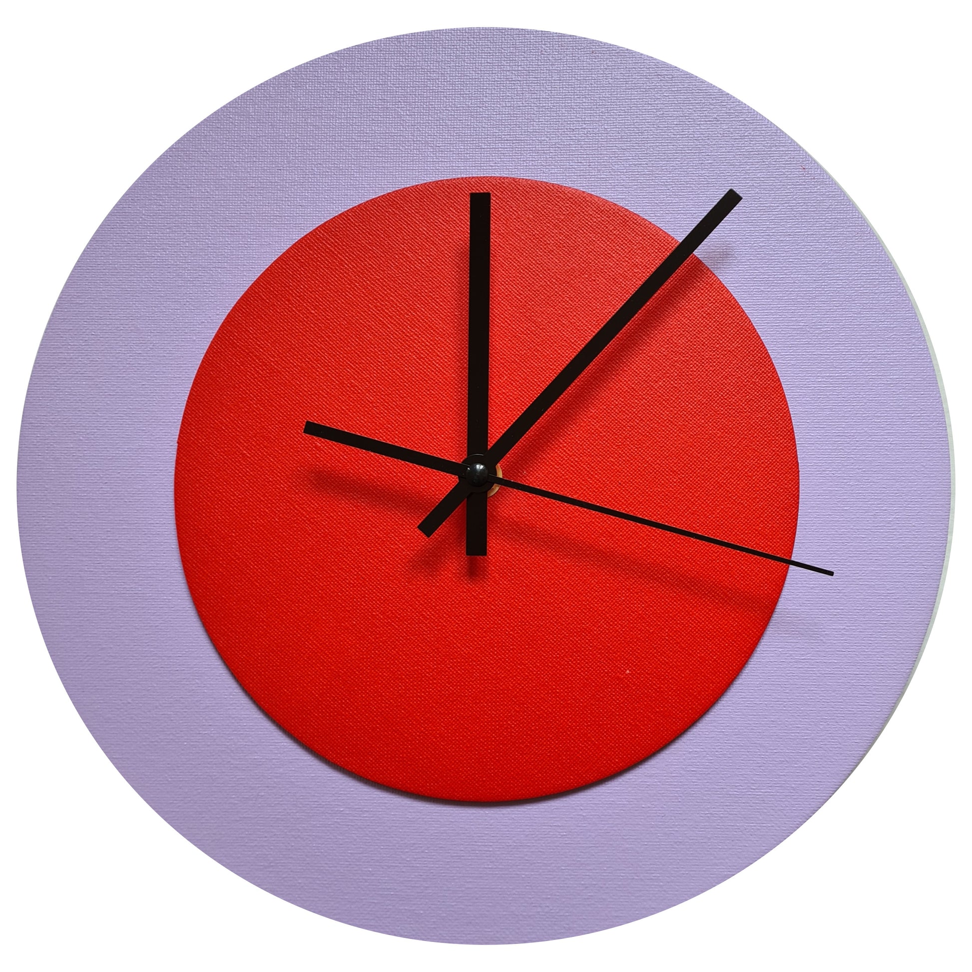 Pop Art Wanduhr Flieder  Orangefarben mit schwarzen Zeigern 30 cm rund
