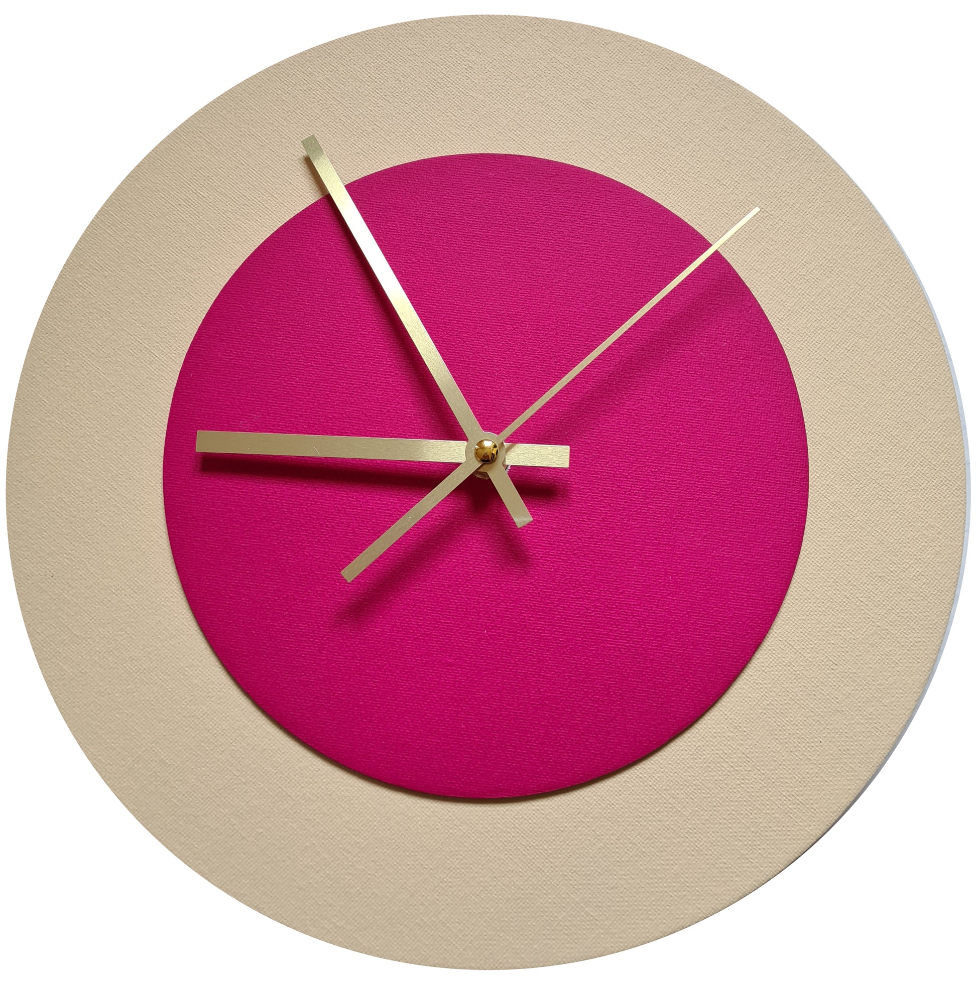 Pop Art Wanduhr Creme Magentafarben mit goldenen Zeigern 30 cm rund