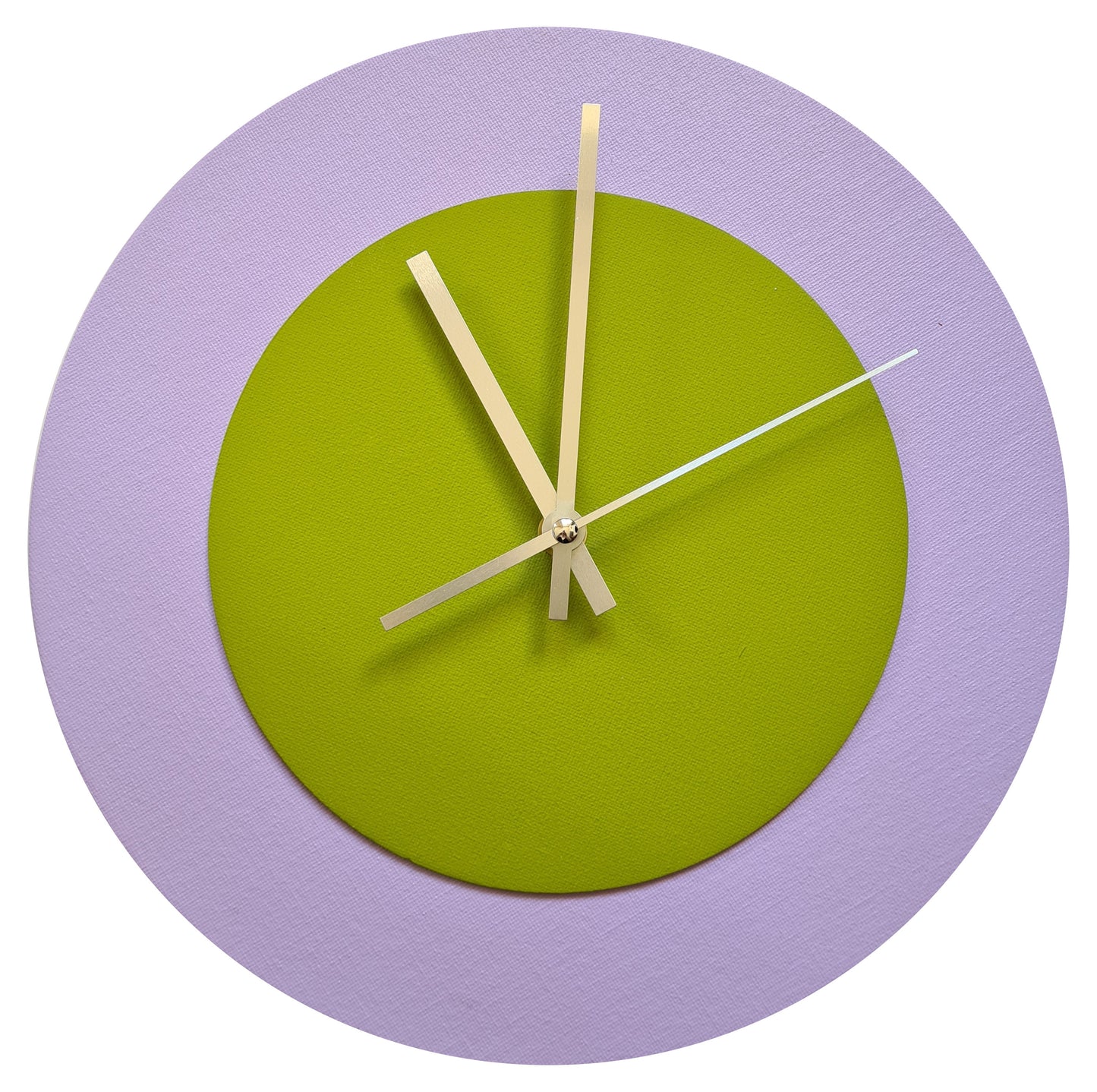 Pop Art Wanduhr Flieder  Olivgrün mit silbernen Zeigern 30 cm rund
