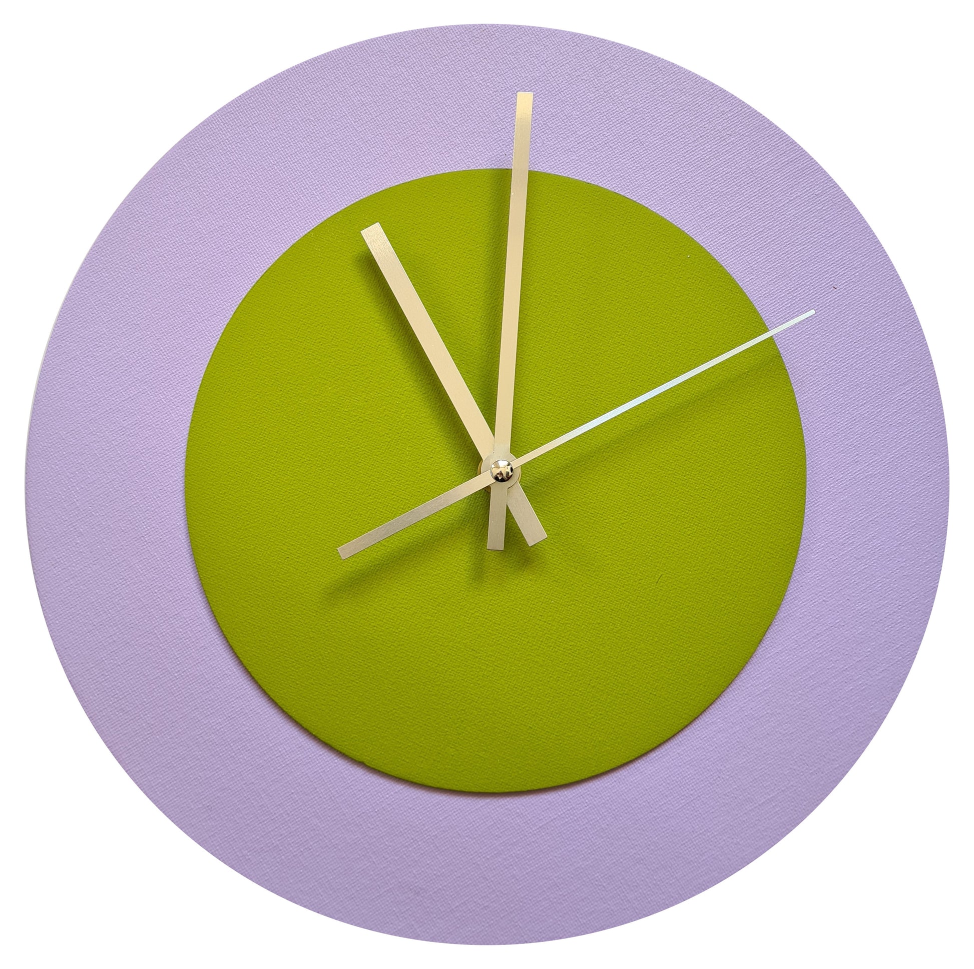 Pop Art Wanduhr Flieder  Olivgrün mit silbernen Zeigern 30 cm rund
