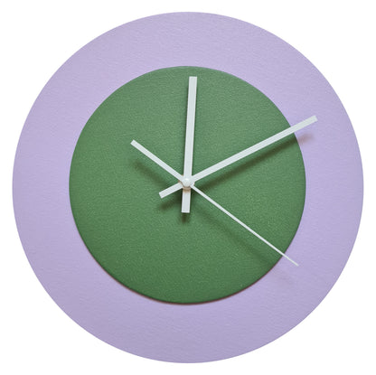 Pop Art Wanduhr Flieder  Laubgrün mit weißen Zeigern 30 cm rund
