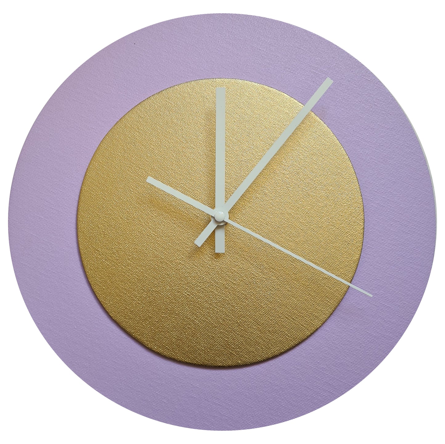 Pop Art Wanduhr Flieder  Goldfarben mit weißen Zeigern 30 cm rund

