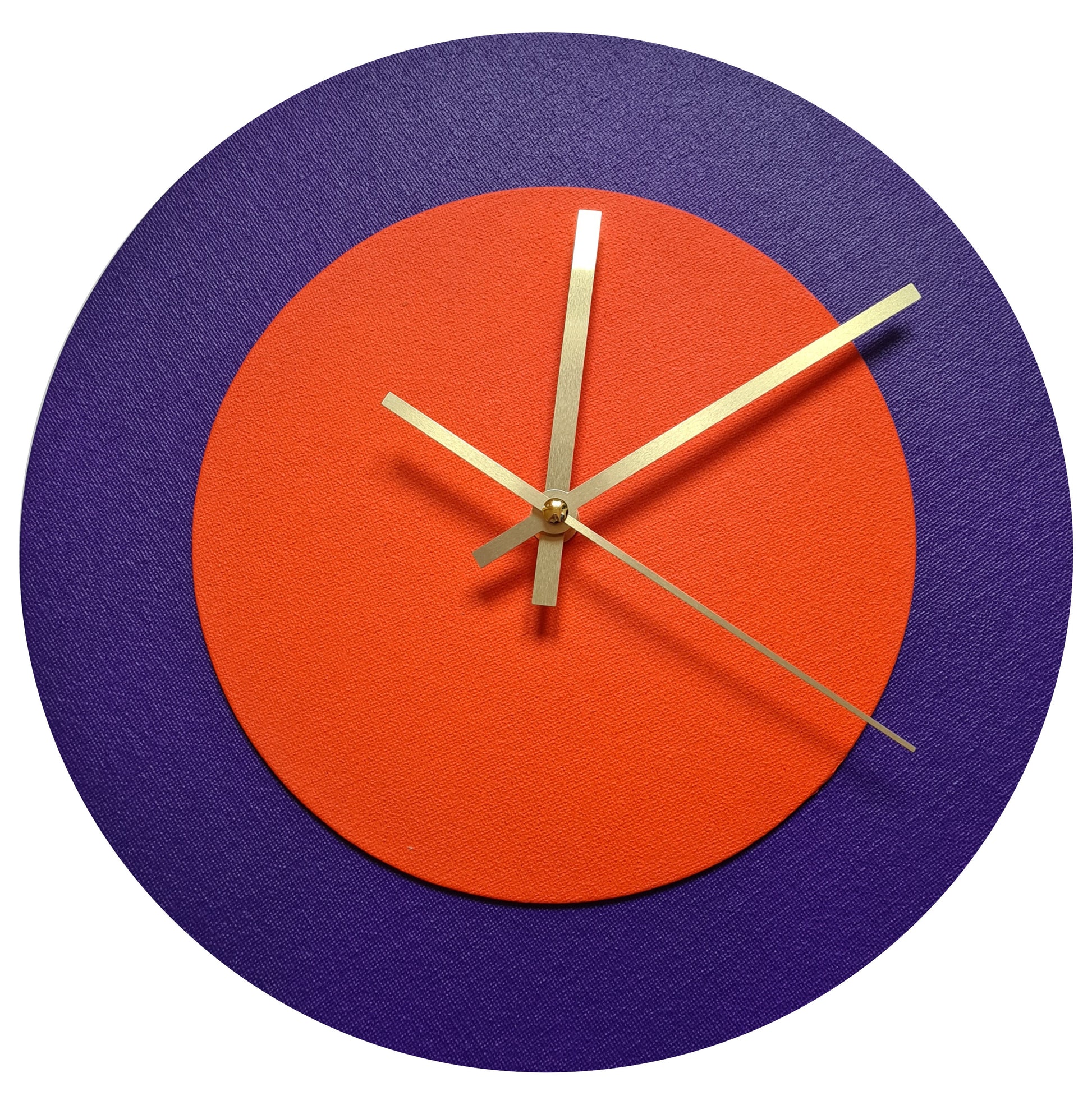 Pop Art Wanduhr Lila  Orangefarben mit goldenen Zeigern 30 cm rund

