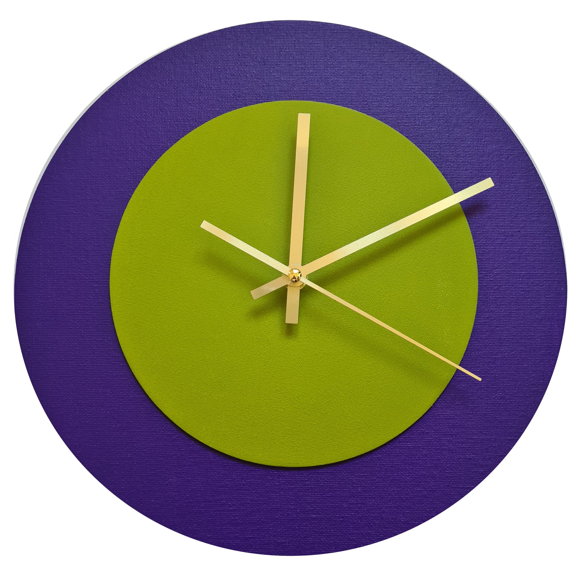Pop Art Wanduhr Lila  Olivgrün mit goldenen Zeigern 30 cm rund
