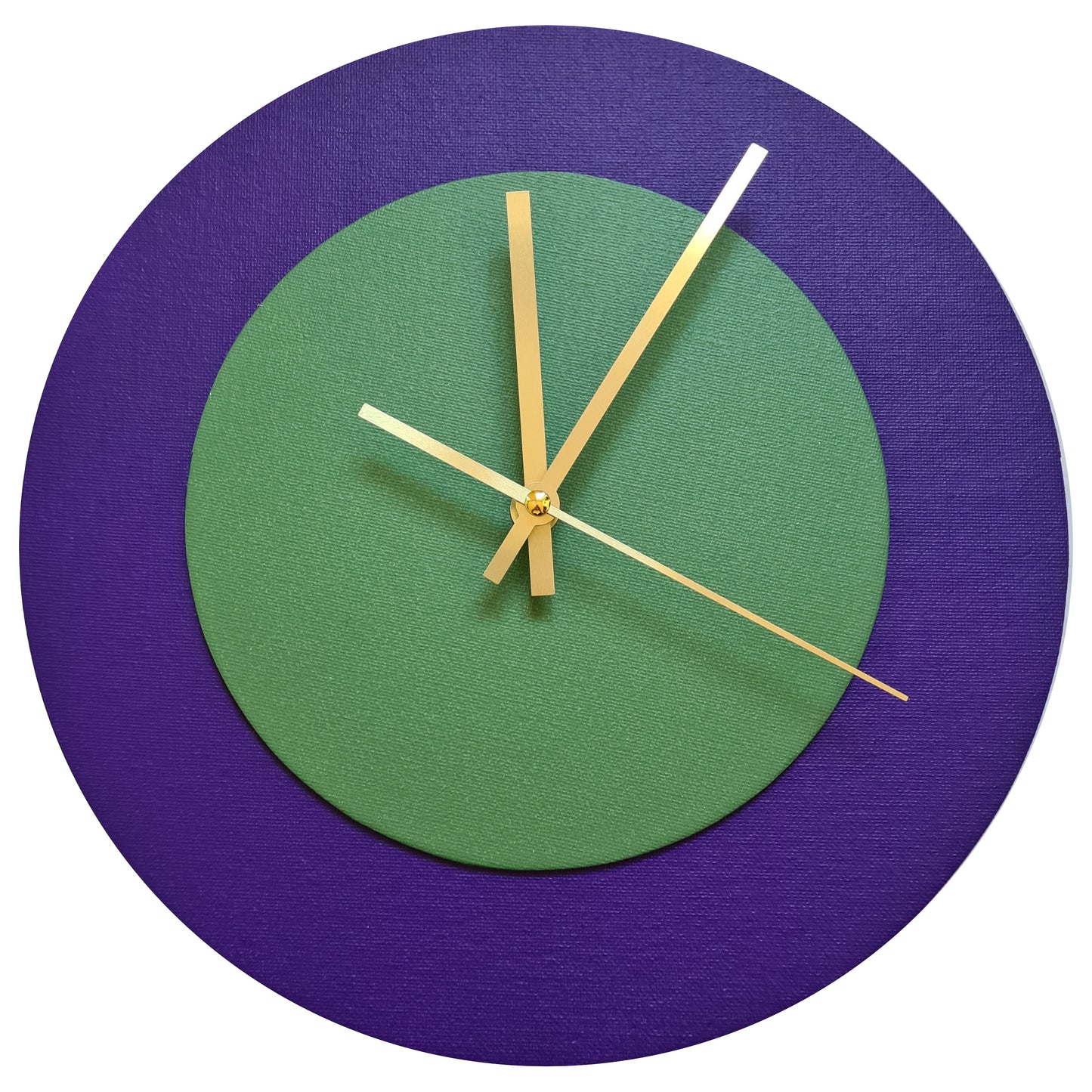 Pop Art Wanduhr Lila  Laubgrün mit goldenen Zeigern 30 cm rund
