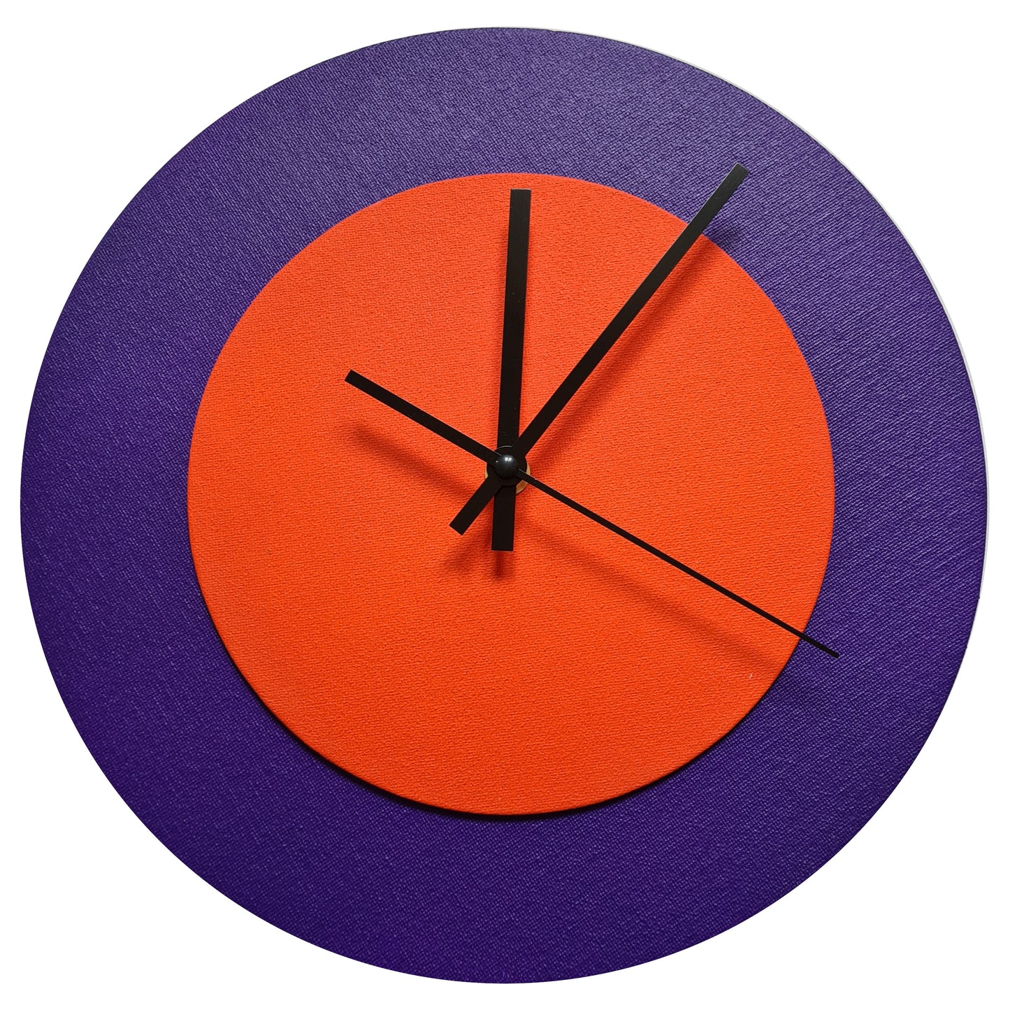 Pop Art Wanduhr Lila  Orangefarben mit schwarzen Zeigern 30 cm rund
