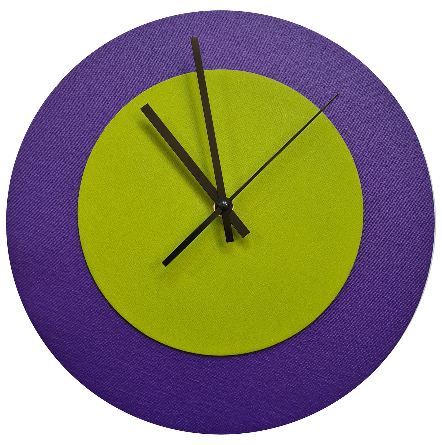 Pop Art Wanduhr Lila  Olivgrün mit schwarzen Zeigern 30 cm rund
