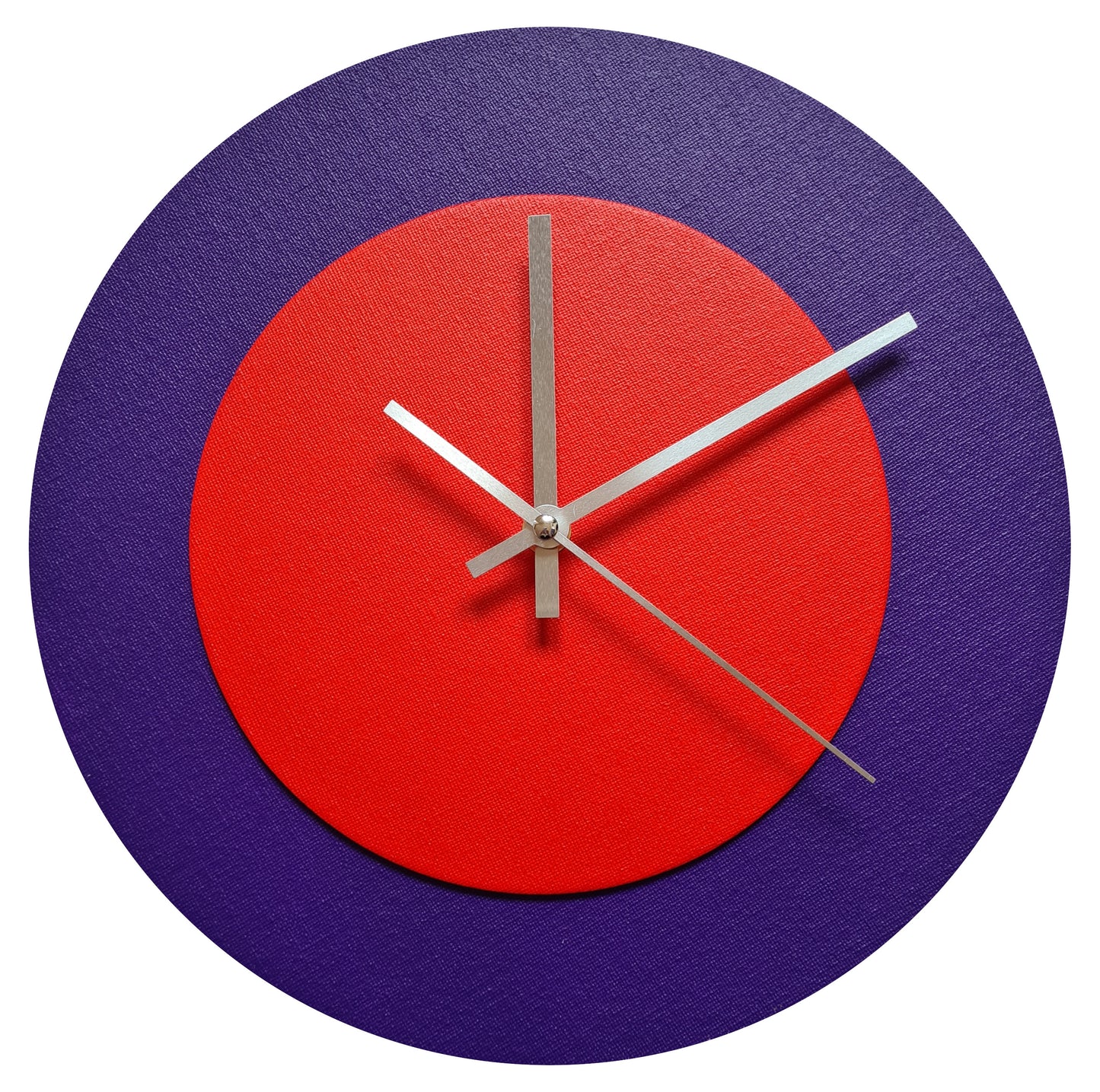 Pop Art Wanduhr Lila  Hellrot mit silbernen Zeigern 30 cm rund

