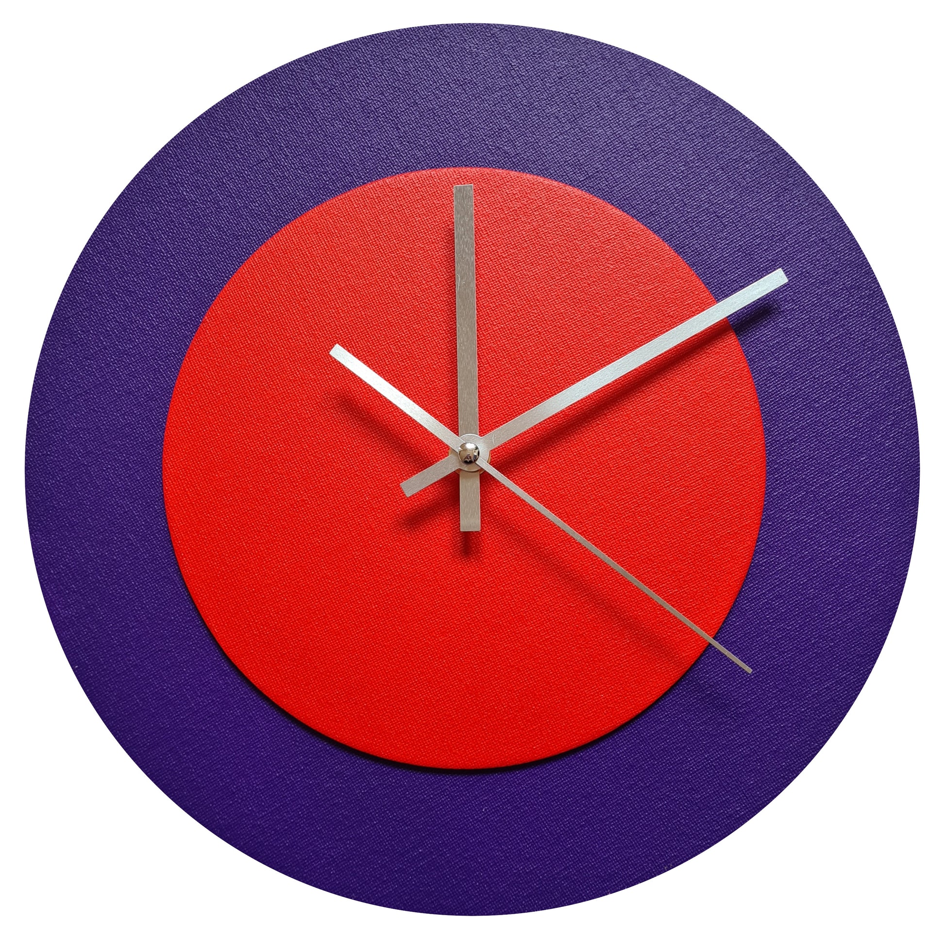 Pop Art Wanduhr Lila  Hellrot mit silbernen Zeigern 30 cm rund

